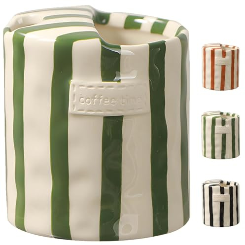 Dexprosy Ceramic Coffee Mug with Retro Striped Design, 10oz Porcelain Double-Enjoy Cup, Hand-Painted, Heat-Resistant, Non-Slip, for Espresso, Milk, Juice, and More (Green)