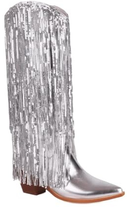 Stivali alti al ginocchio da donna taglie forti - Stivali con frange glitterate taglia 40-48 EU, stivali invernali a punta con tacco grosso(Silver,40 EU)
