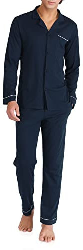 DAVID ARCHY Herren Schlafanzug lang weiche Baumwolle Schlafanzug mit Taschen und Kordelzug Herren Pyjama lang mit V-Ausschnitt zweiteilig