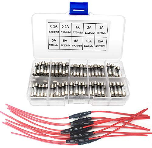 BeiLan 100 Stück 5×20mm Glassicherung mit 10 Stück Inline-Schraub-Typ AGC-Sicherungshalter, Fast-Schlag Glassicherung Glasrohr Assortierte Kit (0.2A 0.5A 1A 2A 3A 5A 6A 8A 10A 15A)