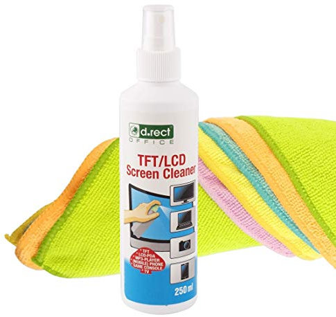 D.RECT 250ml Bildschirmreiniger Putzlappen Staubtücher + 5 Stück Mikrofasertuch 40x40cm | Bildschirm-Reinigungsspray Displayreiniger für LED, UHD TV, Display, Tablet, Computer und Monitor
