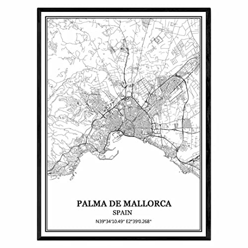 Palma de Mallorca Spanien karta väggkonst canvas tryck affisch konstverk ej inramad modern svart och vit karta souvenir gåva heminredning -28 x 35 cm