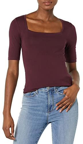 Amazon Essentials Women's Slim-Fit Half Sleeve Square Neck T-Shirt, Burgundy, XL