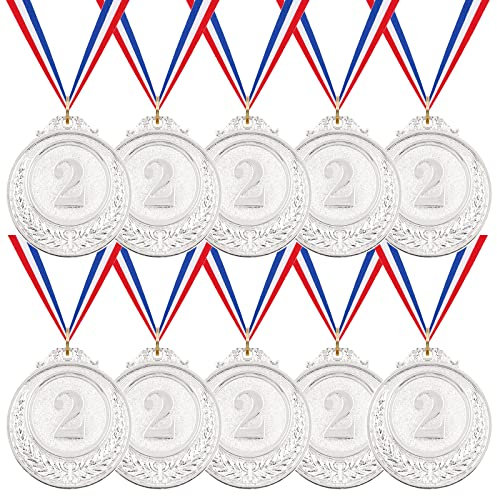 Swpeet Medaglie premio in metallo oro argento bronzo con nastro, medaglie in stile olimpico per eventi per bambini, aule, giochi d'ufficio e sport, 1°, 2°, 3° posto (medaglia d'argento, 10 pezzi)