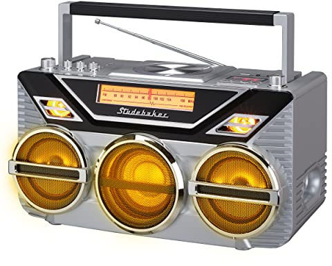 Retro Studebaker Avanti Stereo Boombox with CD, FM Stereo Radio, Bluetooth Receive and Transmit, LED Light Show and 15W Subwoofer for High Power Bass (Silver)