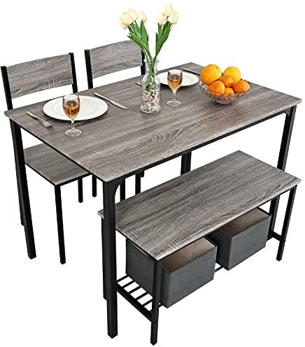 PULUOMIS Dining Table and 2 Chairs with Bench, Breakfast Dining Table and Chairs Set 4 Piece Dining Room Set, Modern Design for Kitchen Home Bistro Patio Garden, Grey