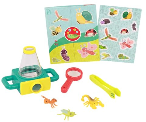 B. toys – 9 Pieces Toy Microscope Set with Sticker Book, Magnifying Glass & Tweezers, Includes 4 Toy Bugs for Little Explorers, STEM Learning, Educational Toys for Kids 4+ Years