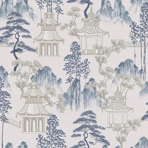 Japanese Pagoda Blue Grey Wallpaper - Floral Flowers Trees Oriental Traditional - Stylish Feature Wall