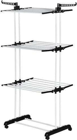 HOMCOM 4-Tier Clothes Airer, Foldable Clothes Horse with Wings and Wheels, Steel Garment Laundry Rack for Indoor and Outdoor Use, Black