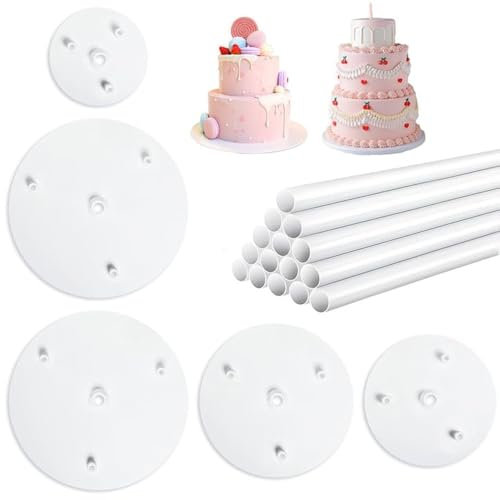 Supporto Torta a Piani, 15 pezzi Tasselli per Torta con 5 pezzi Base per Torta a Piani, Plastica Riutilizzabile Alzata Per Torta per Costruzione e Impilamento di Torte a più Livelli