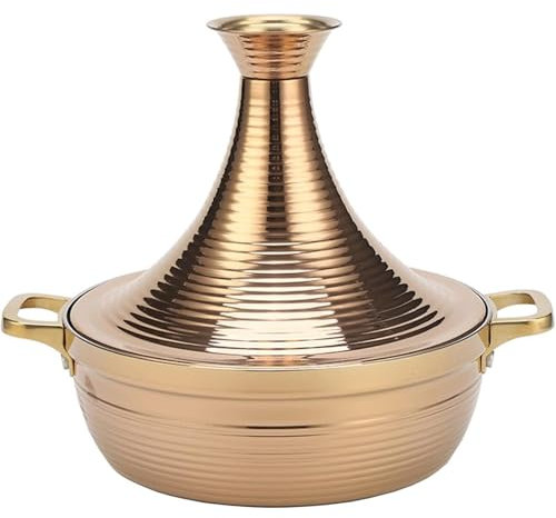 Grande casserole marocaine à tajine marocaine en acier inoxydable anti-adhésif avec 2 poignées, grande casserole marocaine faite à la main avec couvercle en forme de cône (or rose, 24 cm)