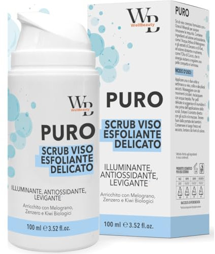 WELLBEAUTY Scrub Esfoliante Viso Delicato con Granuli Minerali, Estratti Biologici di Melograno, Zenzero e Mirtillo, Illuminante, Antiossidante, per Tutti i Tipi di Pelle, Effetto Matte (singolo)