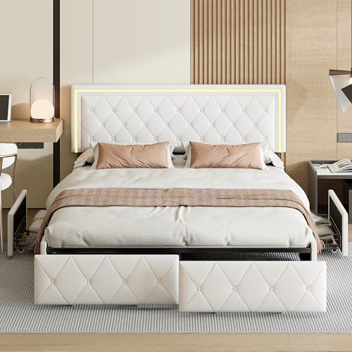 YYXLDYNB Stoppad säng på 140 x 200 cm med LED-belysning, dubbelsäng med 4 förvaringslådor, dubbel sängram med ribbotten, lådsäng, 2 personer, utan madrass, PU, vit