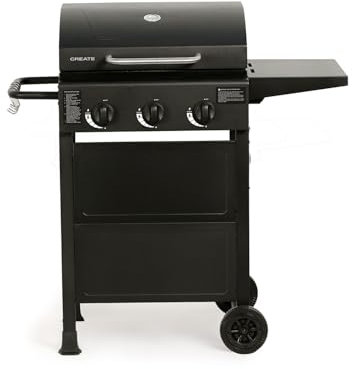 CREATE/BBQ GAS BURNER/Barbacoa de gas de 3 quemadores y mesa abatible/Encencido con botón, gran superficie de cocinado, rejilla de calentamiento, 9kW