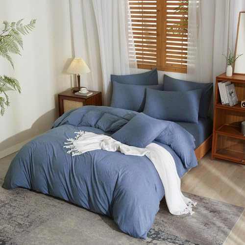 YASMENG Ropa de cama de lino de 220 x 240 cm, color azul vaquero, ropa de cama suave y transpirable, ropa de cama de lino suave y agradable, juego de 3 piezas con cremallera y 2 fundas de almohada de
