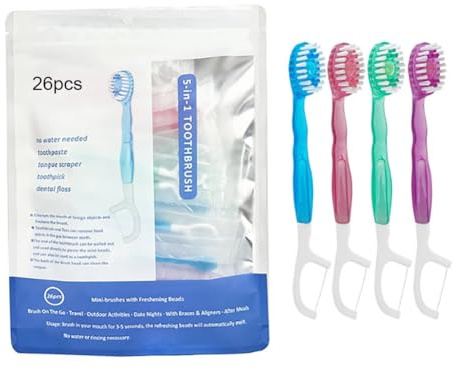 Mini Cepillo de Dientes 5 en 1 Pasta De Dientes, Hilo Dental, Palillo y Raspador de Lengua, Set de Viaje Portátil, Cepillo de Dientes 4 en 1 con Perlas Limpieza(Mixed Pack(26 sticks))