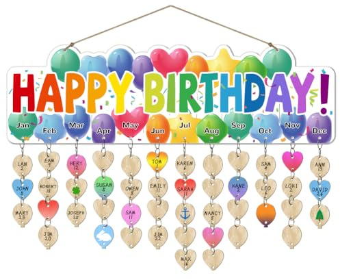 arricraft 1 Set Calendario Promemoria Compleanno Famiglia In Legno, Tabellone con Palloncini di Buon Compleanno con 100 etichetta Fai Da Te, Cartello Da Appendere per La Decorazione Della Casa.