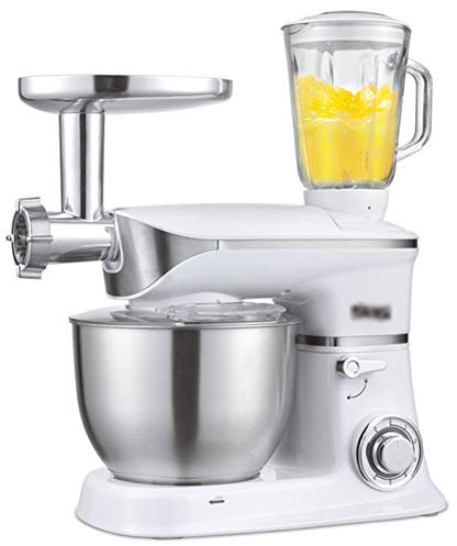 Amasadora 3 en 1 de 6,5 L y 1300 W, procesador de alimentos de 6 velocidades, con gancho para masa, batidor y picadora, color blanco.
