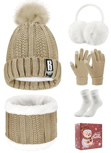 Tuopuda Set Cappello Sciarpa Guanti Paraorecchie e Calze Invernale Donna in Maglia Berretto Pompon Guanti Touchscreen Scaldacollo Caldo Moda 5 Pezzi, Cammello con scatola regalo