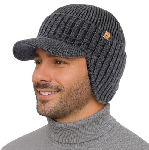 TOP-EX DryKnit Bonnet imperméable 80 % laine mérinos pour homme avec cache-oreilles et doublure en polaire, bonnet d'hiver thermique avec visière de golf pour temps froid, taille M-XXL, gris, XL/XXL
