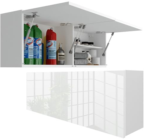 Milionmeblicom Badezimmerschrank Laura Hängeschrank Badezimmermöbel Klappbarer Badezimmer Wandschrank Teleskopöffnung - Mattweiß/Weiß Hochglanz, Maße 39 x 120 x 23 cm