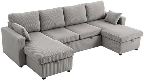 HOMCOM Divano Letto con Letto Estraibile Imbottito, Divano Angolare Convertibile 4 Posti a Forma di U con 2 Chaise Longue, Vani Contenitore e 2 Cuscini, in Velluto a Coste, 282x140x86 cm, Grigio