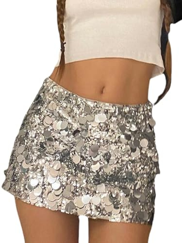Springcmy Women Sparkle Mini Skirt Sequins Bodycon Short Skirts Shiny Glitter Pencil Dance Party Night Out Pencil Skirt (D Silver, M)