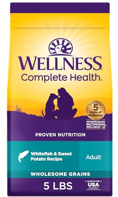 Wellness Complete Health Adult Dry Dog Food, Wholesome Grain Kibble, Natural, Chicken Free, Whitefish and Sweet Potato Recipe, 5 lb Bag