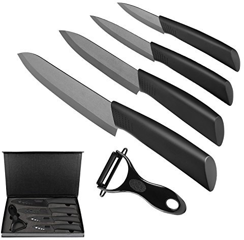 Ballery Set di coltelli in Ceramica, 4 Coltelli Ceramica e 1 Pelapatate (6'' Coltello da Cucina, 5'' Coltello Multiuso, 4'' Frutta, 3'' Sbucciatura) affilato e Leggero - Nero