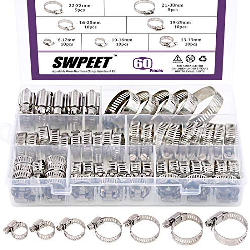Swpeet 60Pcs Assorted Sizes Hose Clamps Kit, 304 Stainless Steel Adjustable 6-38mm Range Worm Gear Hose Clamp Perfect for Plumbing, Automotive and Mechanical Applications