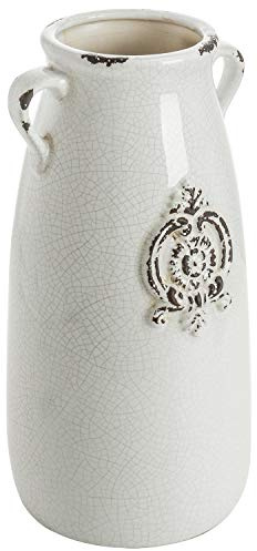 MyGift Farmhouse White Ceramic Vase with Handle and Embossed Seal Design, Antique Jug Shaped Tabletop Flower Vase
