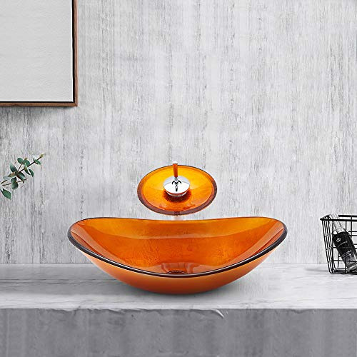 HomeLava Lavabo da Appoggio in Vetro Temperato Lavandino del bagno Lava con anello di montaggio per rubinetto e foro di scarico pop-up Set mini lavello in lingotto arancione da 42 cm