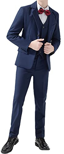 5 st pojkars kostymset, kavaj + byxor + väst + skjorta + fjärilsknut, barn smoking kostym liten pojke gentleman outfit bröllop fest dopkläder, Färg: blå, 13-14 ans