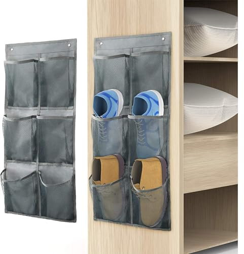 QUMENEY Lot de 2 organiseurs de rangement à chaussures avec crochets, pliable, 12 grandes poches profondes, en tissu, pour armoire et porte étroite, organisateur de chaussures, gris