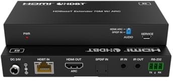 FOURKAY 4K 60Hz HDMI over Ethernet Extender with ARC transmission from TV to amplifier at TX. 70m Range. Bi-directional Infra-Red and RS232 support. Power over CAT5e/6/7 cable.