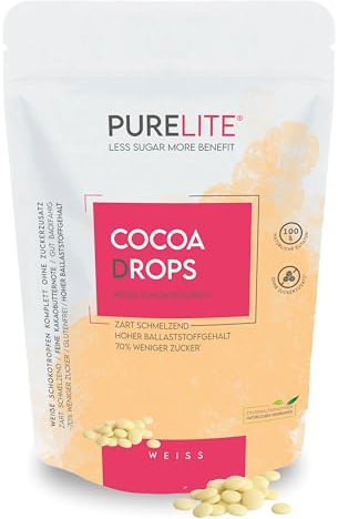 PURELITE Cocoa Drops weiss vegetarisch, weiße große Kakao Schokodrops ohne Zuckerzusatz, Erythrit & Stevia, Schokolade zum Schmelzen, Kuvertüre, Schokobrunnen, kalorienarm, 70% weniger Zucker, 450g