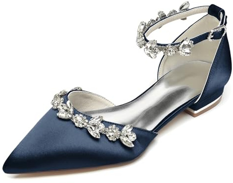 FGRID Ballerine da sposa in raso con strass da donna, eleganti scarpe a punta lucide da sera da sposa, sandali con cinturino alla caviglia per feste da damigella d'onore,Marina Militare,38