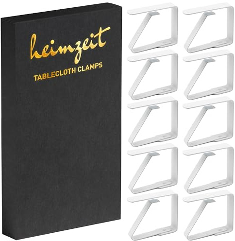 heimzeit Pinzas para Sujetar Manteles de Acero Inoxidable [10 Piezas, 4 cm] Color: Blanco, Sujetamanteles para Uso Exterior e Interior, Pinzas para Mesas con un Grosor máximo de 3 cm