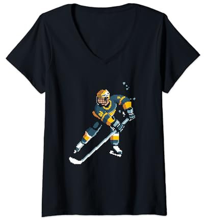 Damen Eishockeyspieler Pixel Art Eishockeyhelm T-Shirt mit V-Ausschnitt