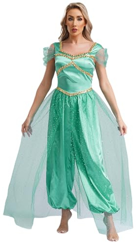 CHICTRY Arabisk prinsesskostym för kvinnor, Aladdinoutfit, paljetter, overall, guldtrimning, jumpsuit, volang, dansklänning för karneval, temafest