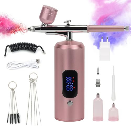 Airbrush Set,Kabellose Airbrush Set mit Kompressor,Tragbares Handheld Airbrush Kit mit LED-Display,Spritzpistole mit Kompressor 38PSI für Nageldesign,Make-up,Tattoos,Kuchen und Gesichtsbemalung