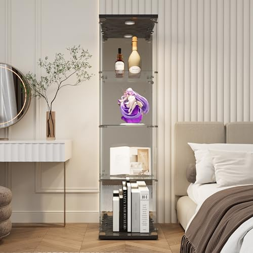 LED-glasfönster, glasskyltskåp med 1 dörr 4 våningar glasmonter skåp skåp skåp glas med lås stående skyltfönster bar vardagsrum (svart, 1 dörr 4 lager LED,