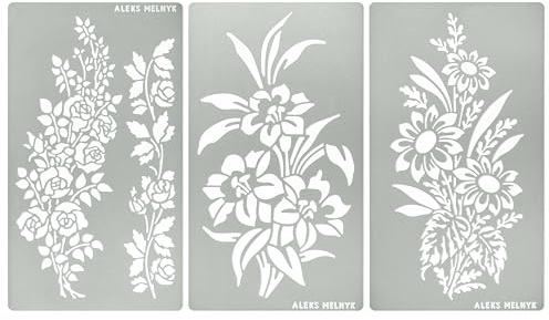 Aleks Melnyk nr.511 metallschabloner, ros blomgren, rosenvinstockar, virvlar, bladblomma, små schabloner, 3 st, mallar för träbränning, gravyr, hantverk, klippbok, konst
