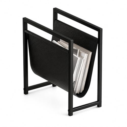 EMIDECO Porte-revues métal noir cuir noir – Range magazines design moderne – Support journaux livres – Rangement gain de place salon bureau – Porte magazine élégant