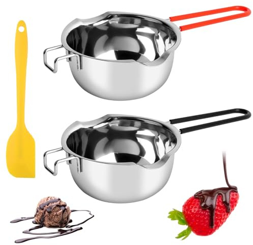 Geoyien Pentola di Fusione, 2 Crogiolo in Inox, Crogiolo di Cioccolato, Bagnomaria, con 1 Raschietto Silicone, Pentola di Riscaldamento, Manico Antiscottatura, per Cottura, Cioccolato, Burro (600ml)