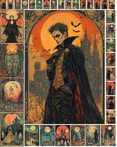 Decoupage Paper Pack (35 Sheets 6x8) Gothic Vampires and Bones ~ Moody Vampires, Skeletons, and Haunted Scenes Under Full Moons, Rendered in Vintage Gothic Style with Strong Romantic Eerie Motifs