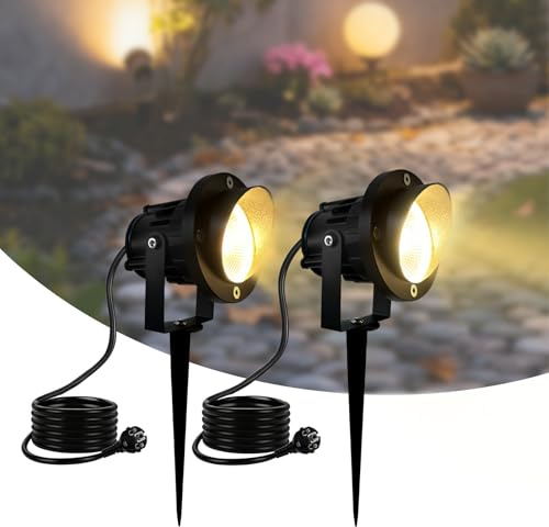 Hopelit 2 Stück Gartenbeleuchtung mit Strom Warmweiß 10W LED Gartenstrahler mit Erdspieß IP65 Wasserdicht Gartenleuchte für Außen Garten Wegen Rasen Hof (1,5 m Kabel mit Stecker)