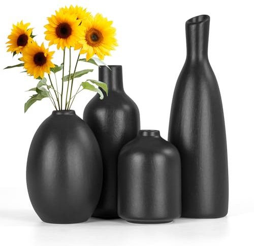 Otauoaea Juego de 4 Jarrones de Cerámica para Flores Secas Decorativas, Estética Boho, Jarrones Redondos Mate, Mesa de Centro, Comedor, Sala de Estar y Decoración de Mesa,Negro