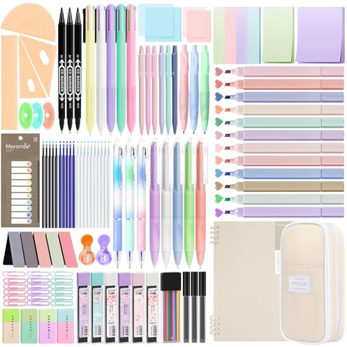 146PCS Aesthetic Stationery Supplies with Pen Case & Notebook,12 Pastel Highlighters,3 Erasable Pens,5 Multicolor Pen,5 Gel Pen,9 Mechanical Pencil Stationery Set for Students School Supplies, Beige