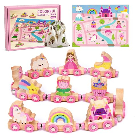 Unicorn Gifts for 1 2 3 Year Old Girls: Princess Magnetic Wooden Train Set for Girls Montessori Educational Toys for 1 2 3 4 Year Old Fairy Tale Castle Play Mat Birthday Gift for Toddler Girls (Pink)